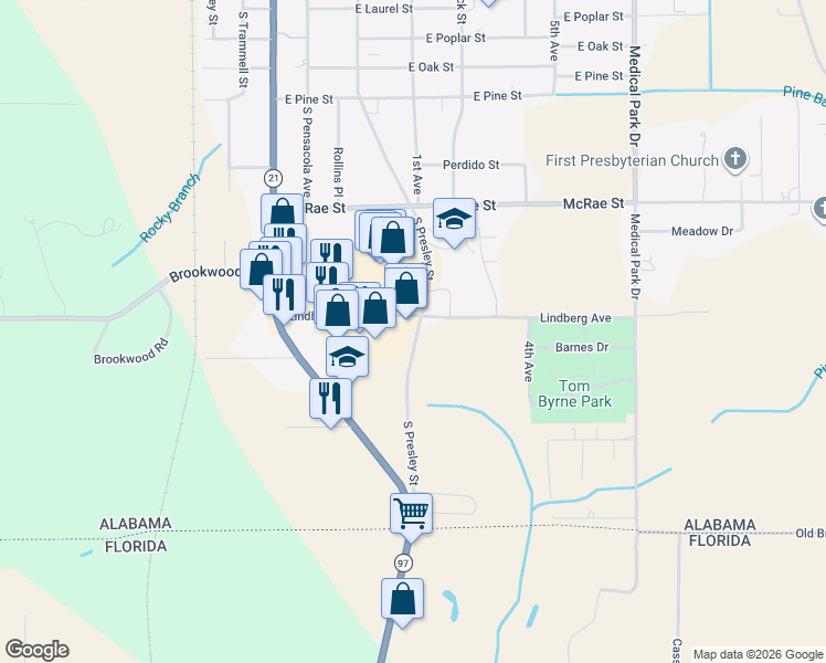 map of restaurants, bars, coffee shops, grocery stores, and more near 108 Lindberg Ave in Atmore