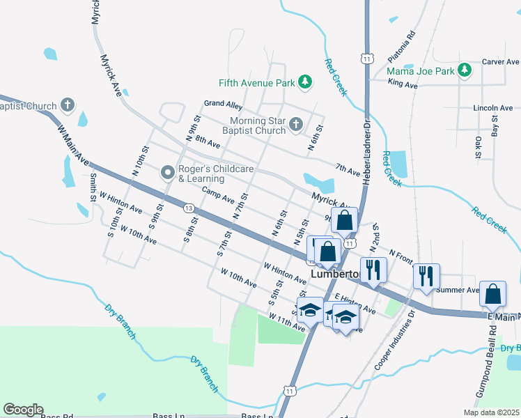 map of restaurants, bars, coffee shops, grocery stores, and more near 606 Camp Avenue in Lumberton