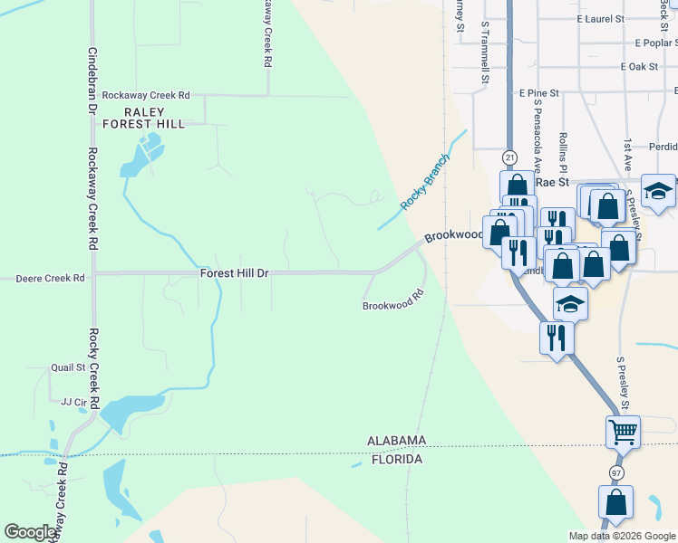map of restaurants, bars, coffee shops, grocery stores, and more near 1684 Woodridge Drive in Atmore