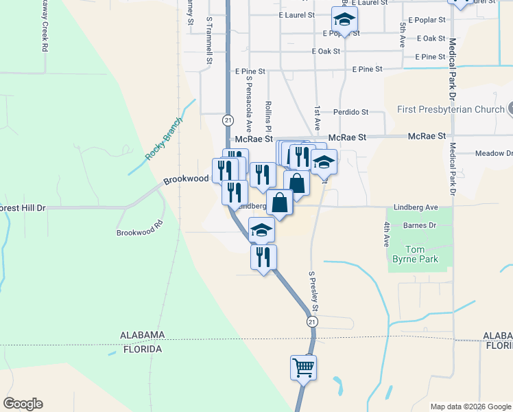 map of restaurants, bars, coffee shops, grocery stores, and more near 108 Lindberg Avenue in Atmore
