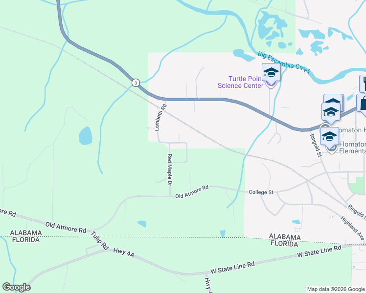 map of restaurants, bars, coffee shops, grocery stores, and more near Magnolia Loop in Flomaton