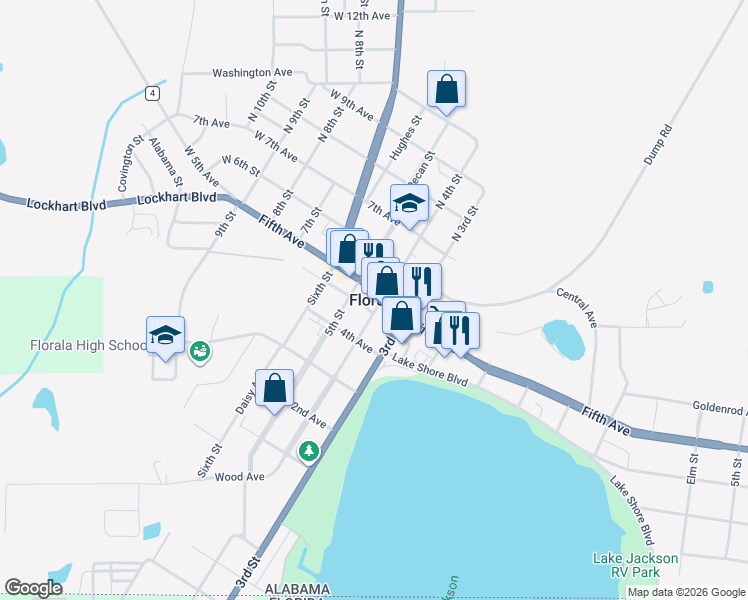 map of restaurants, bars, coffee shops, grocery stores, and more near in Florala