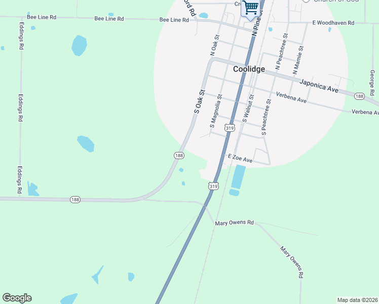 map of restaurants, bars, coffee shops, grocery stores, and more near 14997 Georgia 188 in Coolidge