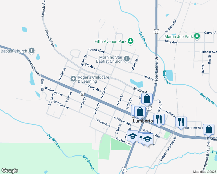 map of restaurants, bars, coffee shops, grocery stores, and more near 606 Camp Avenue in Lumberton
