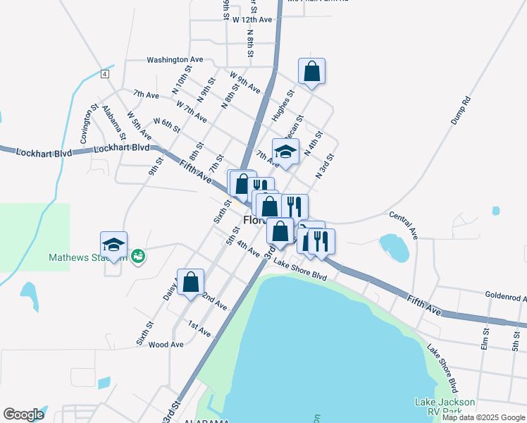 map of restaurants, bars, coffee shops, grocery stores, and more near 22307 Fifth Avenue in Florala