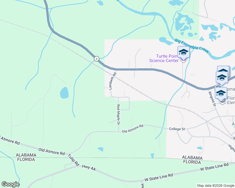 map of restaurants, bars, coffee shops, grocery stores, and more near Lambeth Rd in Flomaton