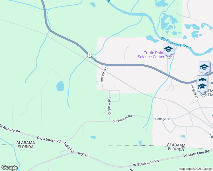 map of restaurants, bars, coffee shops, grocery stores, and more near Lambeth Rd in Flomaton
