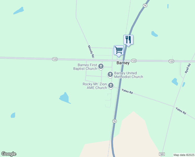 map of restaurants, bars, coffee shops, grocery stores, and more near 64 Church Street in Barney