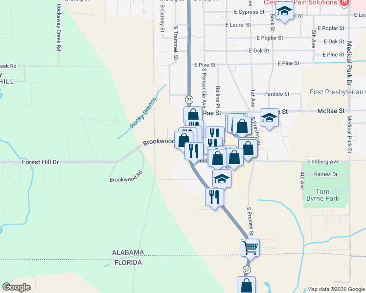 map of restaurants, bars, coffee shops, grocery stores, and more near 301-365 Brookwood Road in Atmore