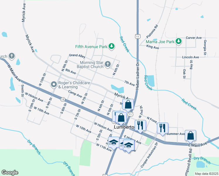 map of restaurants, bars, coffee shops, grocery stores, and more near 513 7th Avenue in Lumberton