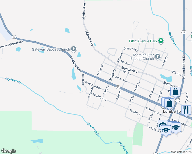 map of restaurants, bars, coffee shops, grocery stores, and more near West Main Avenue in Lumberton