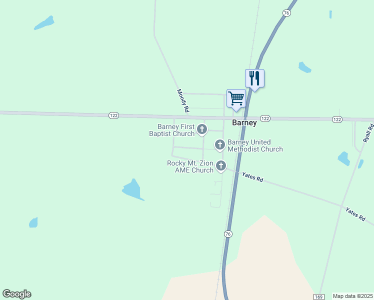map of restaurants, bars, coffee shops, grocery stores, and more near 64 Church Street in Barney
