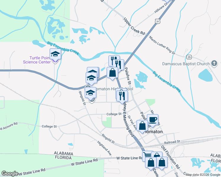 map of restaurants, bars, coffee shops, grocery stores, and more near 1817 Roosevelt Street in Flomaton
