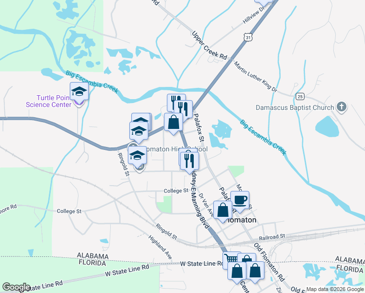 map of restaurants, bars, coffee shops, grocery stores, and more near 1817-1899 Roosevelt Street in Flomaton
