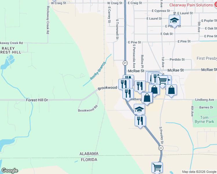 map of restaurants, bars, coffee shops, grocery stores, and more near 301 Brookwood Road in Atmore