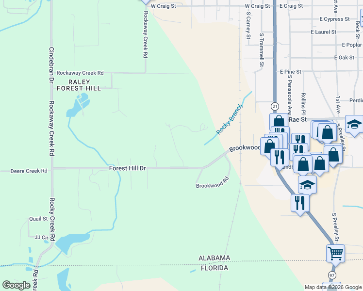 map of restaurants, bars, coffee shops, grocery stores, and more near 1684-1778 Woodridge Drive in Atmore