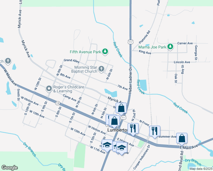map of restaurants, bars, coffee shops, grocery stores, and more near 513 7th Avenue in Lumberton