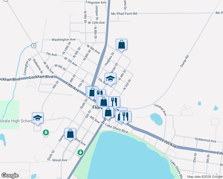map of restaurants, bars, coffee shops, grocery stores, and more near 1401-1495 7th Avenue in Florala