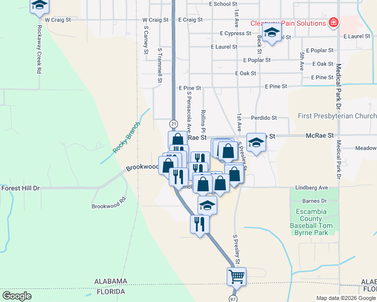 map of restaurants, bars, coffee shops, grocery stores, and more near 214 McRae Street in Atmore