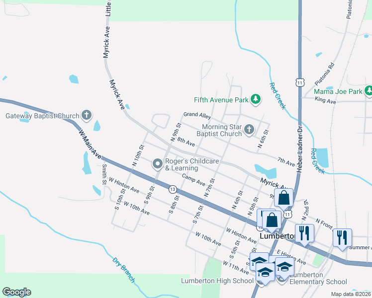 map of restaurants, bars, coffee shops, grocery stores, and more near 701-799 8th Avenue in Lumberton