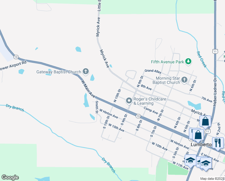 map of restaurants, bars, coffee shops, grocery stores, and more near 203 North 10th Street in Lumberton