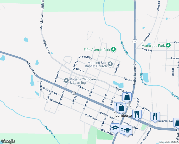 map of restaurants, bars, coffee shops, grocery stores, and more near 620 8th Avenue in Lumberton