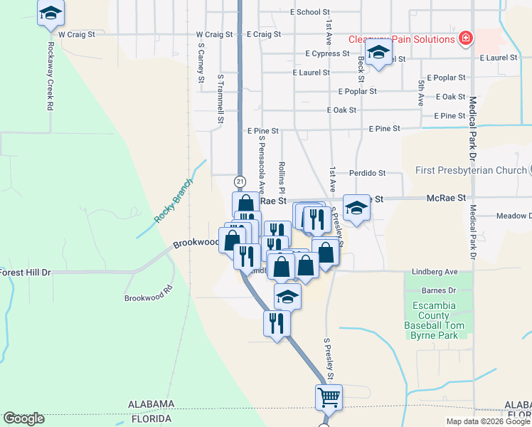 map of restaurants, bars, coffee shops, grocery stores, and more near 214 McRae Street in Atmore
