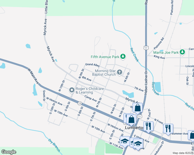 map of restaurants, bars, coffee shops, grocery stores, and more near 620 8th Ave in Lumberton