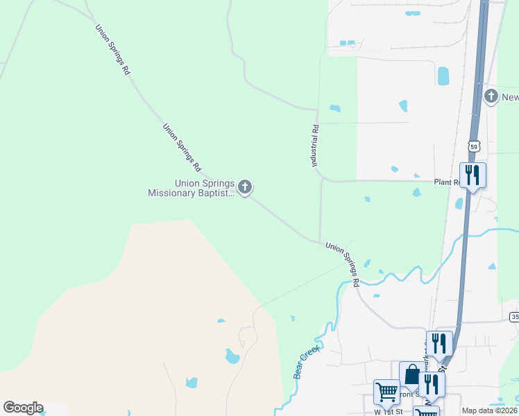 map of restaurants, bars, coffee shops, grocery stores, and more near 900 Union Springs Road in Corrigan