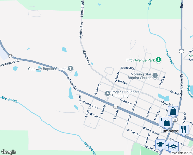 map of restaurants, bars, coffee shops, grocery stores, and more near 964 Myrick Avenue in Lumberton