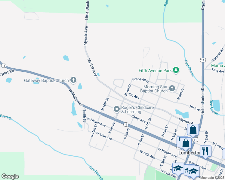 map of restaurants, bars, coffee shops, grocery stores, and more near 956 Myrick Avenue in Lumberton