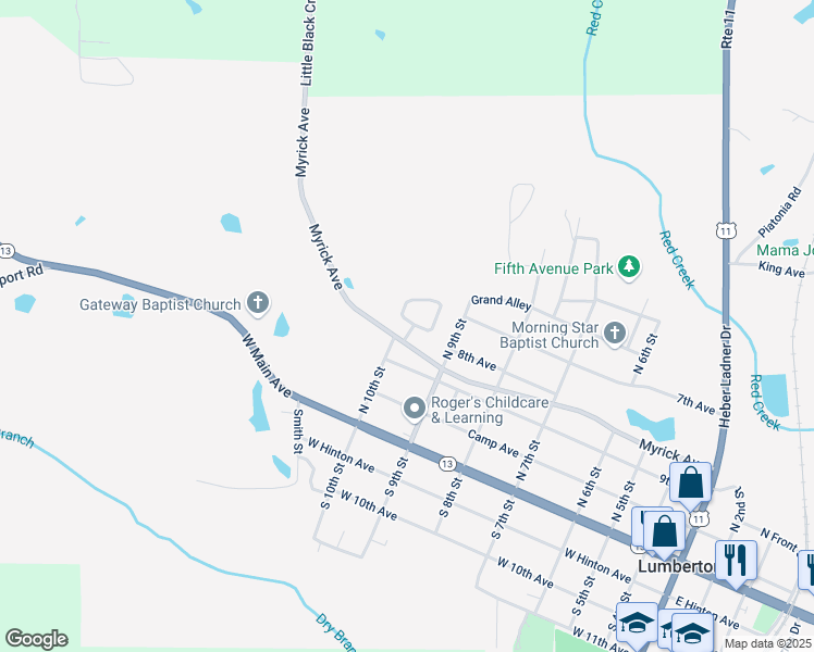 map of restaurants, bars, coffee shops, grocery stores, and more near 956 Myrick Avenue in Lumberton
