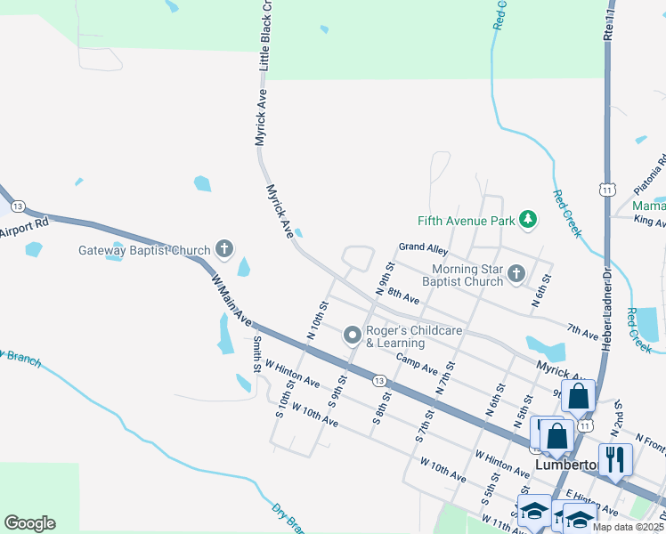 map of restaurants, bars, coffee shops, grocery stores, and more near 964 Myrick Avenue in Lumberton