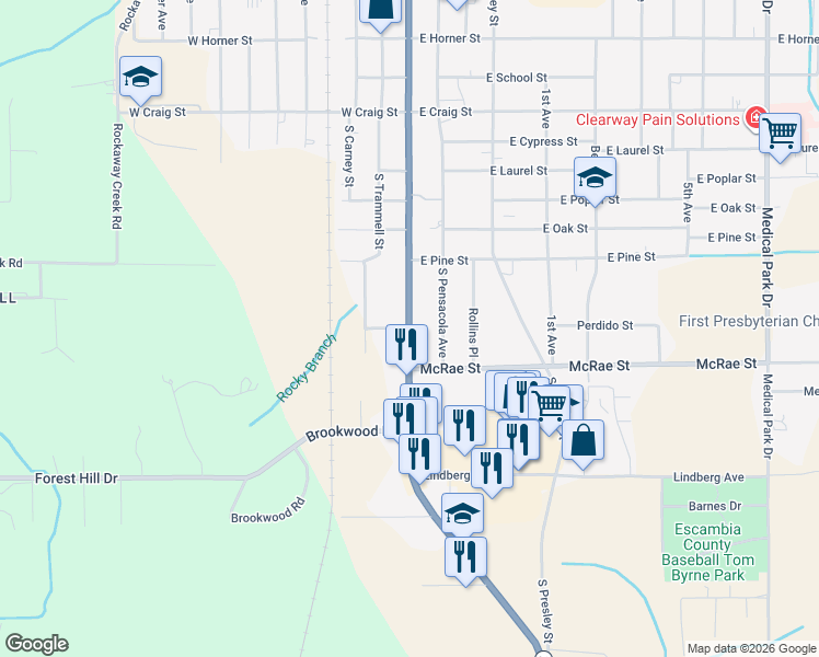 map of restaurants, bars, coffee shops, grocery stores, and more near South Main Street in Atmore