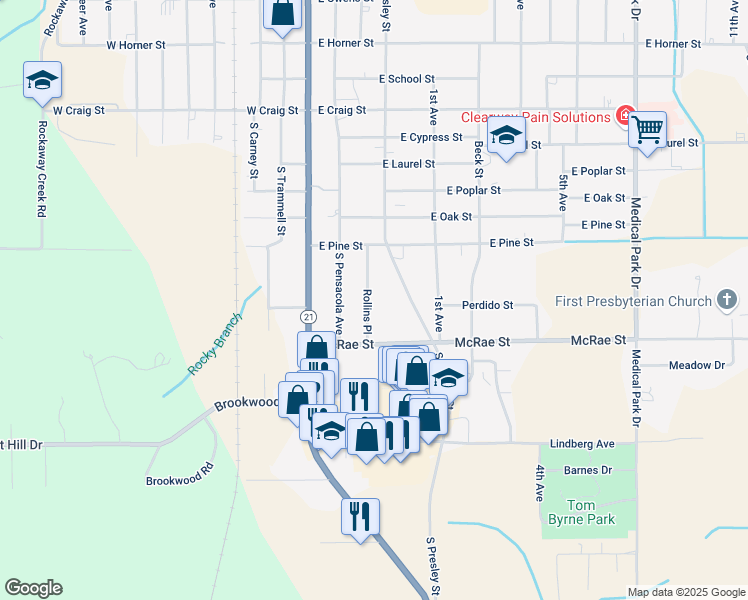 map of restaurants, bars, coffee shops, grocery stores, and more near 1110 South Presley Street in Atmore