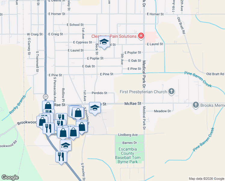 map of restaurants, bars, coffee shops, grocery stores, and more near 221 Perdido Street in Atmore
