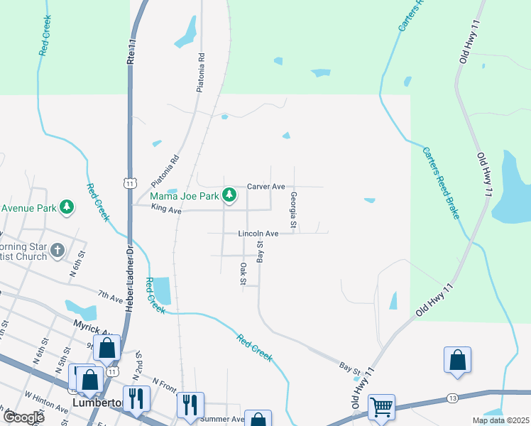 map of restaurants, bars, coffee shops, grocery stores, and more near 520 King Avenue in Lumberton