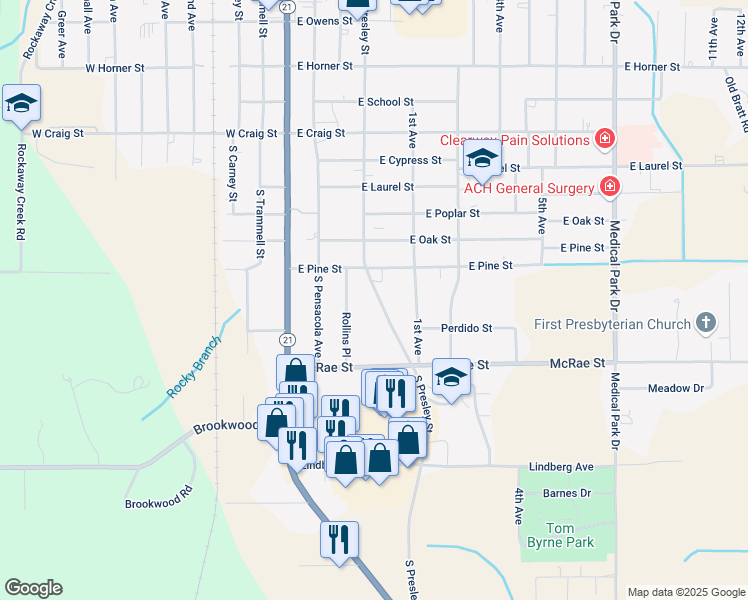 map of restaurants, bars, coffee shops, grocery stores, and more near 1110 South Presley Street in Atmore