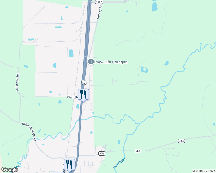 map of restaurants, bars, coffee shops, grocery stores, and more near 258 Hearne Road in Corrigan