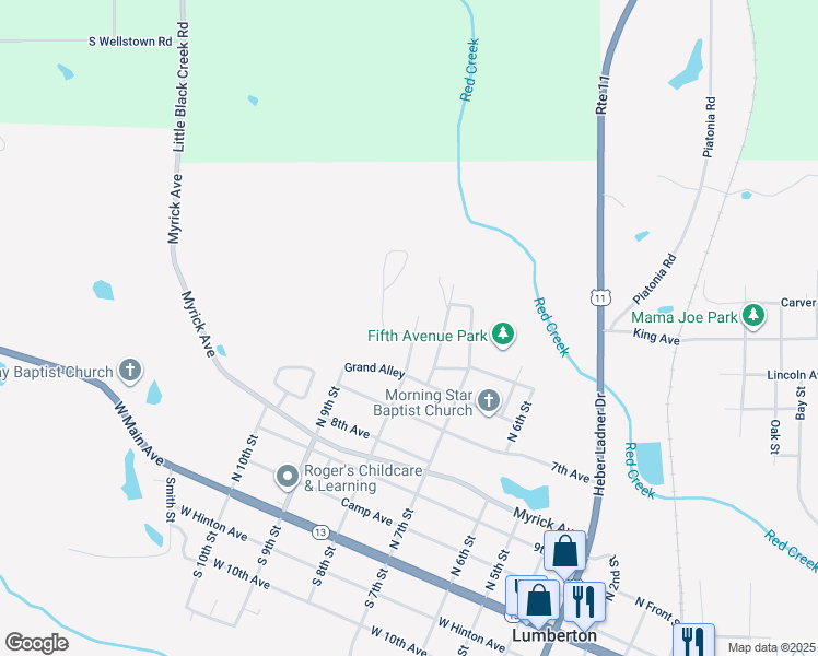 map of restaurants, bars, coffee shops, grocery stores, and more near 705 North 8th Street in Lumberton