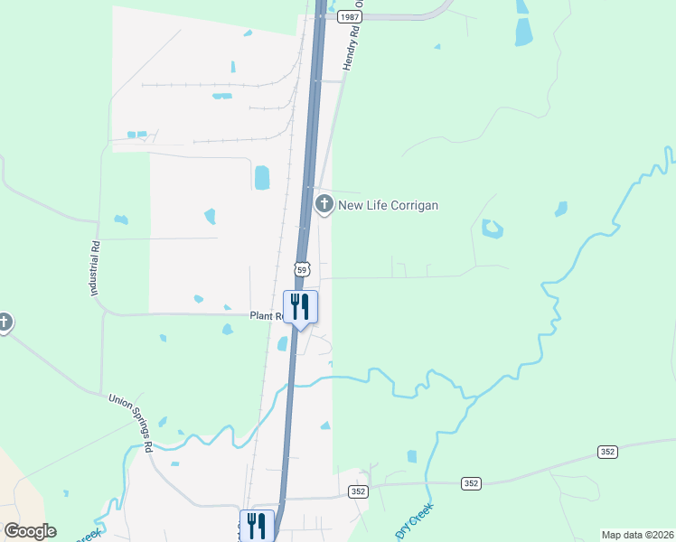 map of restaurants, bars, coffee shops, grocery stores, and more near 525 Hendry Road in Corrigan