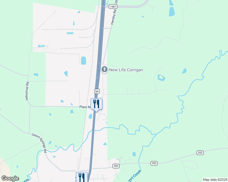 map of restaurants, bars, coffee shops, grocery stores, and more near 525 Hendry Road in Corrigan