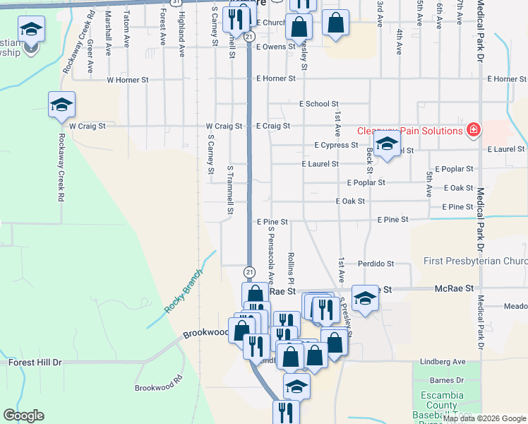 map of restaurants, bars, coffee shops, grocery stores, and more near East Pine Street in Atmore