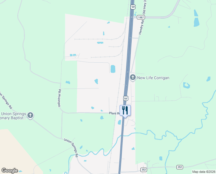 map of restaurants, bars, coffee shops, grocery stores, and more near 525 Hendry Road in Corrigan