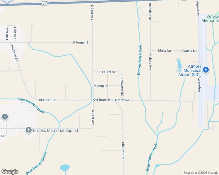 map of restaurants, bars, coffee shops, grocery stores, and more near 108 Barkley Drive in Atmore