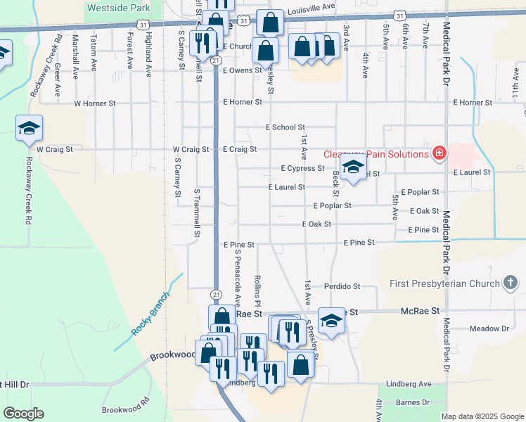 map of restaurants, bars, coffee shops, grocery stores, and more near 906 South Presley Street in Atmore
