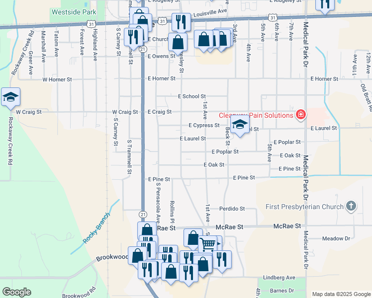 map of restaurants, bars, coffee shops, grocery stores, and more near 906 South Presley Street in Atmore