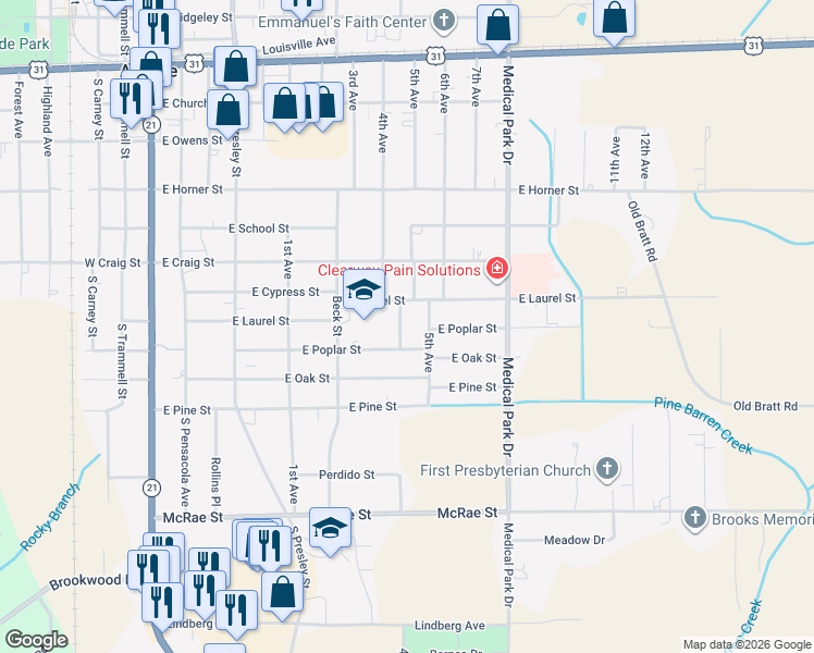 map of restaurants, bars, coffee shops, grocery stores, and more near 502 5th Avenue in Atmore