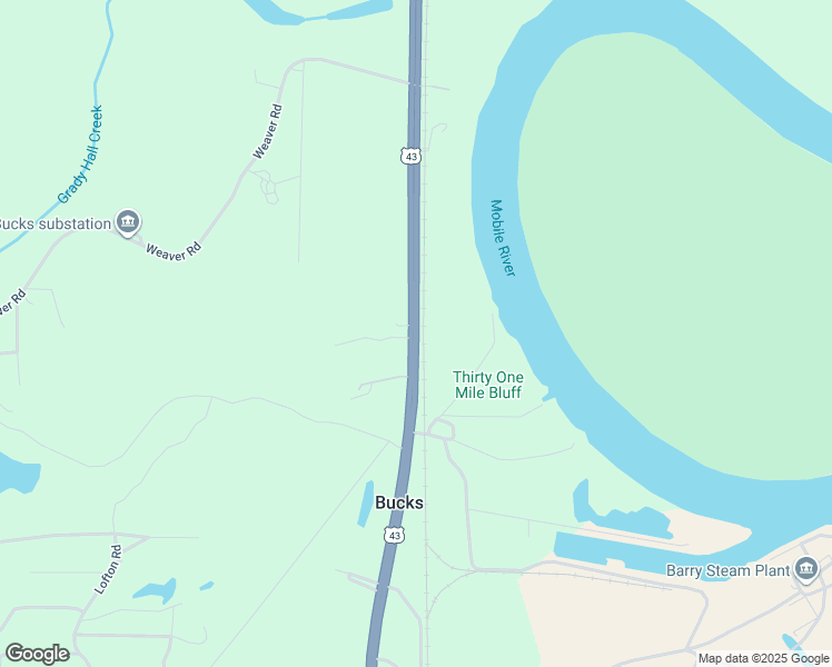 map of restaurants, bars, coffee shops, grocery stores, and more near Highway 43 S in Bucks