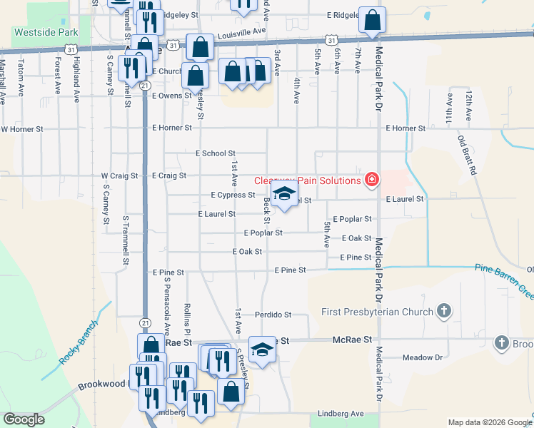 map of restaurants, bars, coffee shops, grocery stores, and more near 409 E Laurel St in Atmore